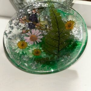 Floral Resin Coaster with Green Leaf